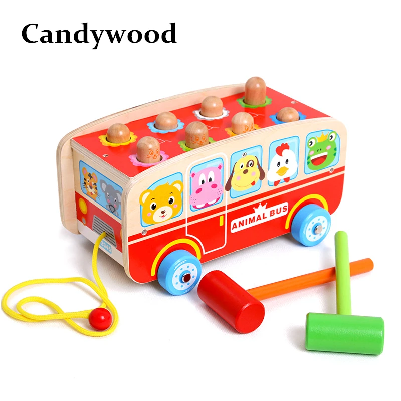

Candywood New Wooden Animal cognition hamster Bus Education Children Beat Percussion Toys Montessori toys for kid boy gift