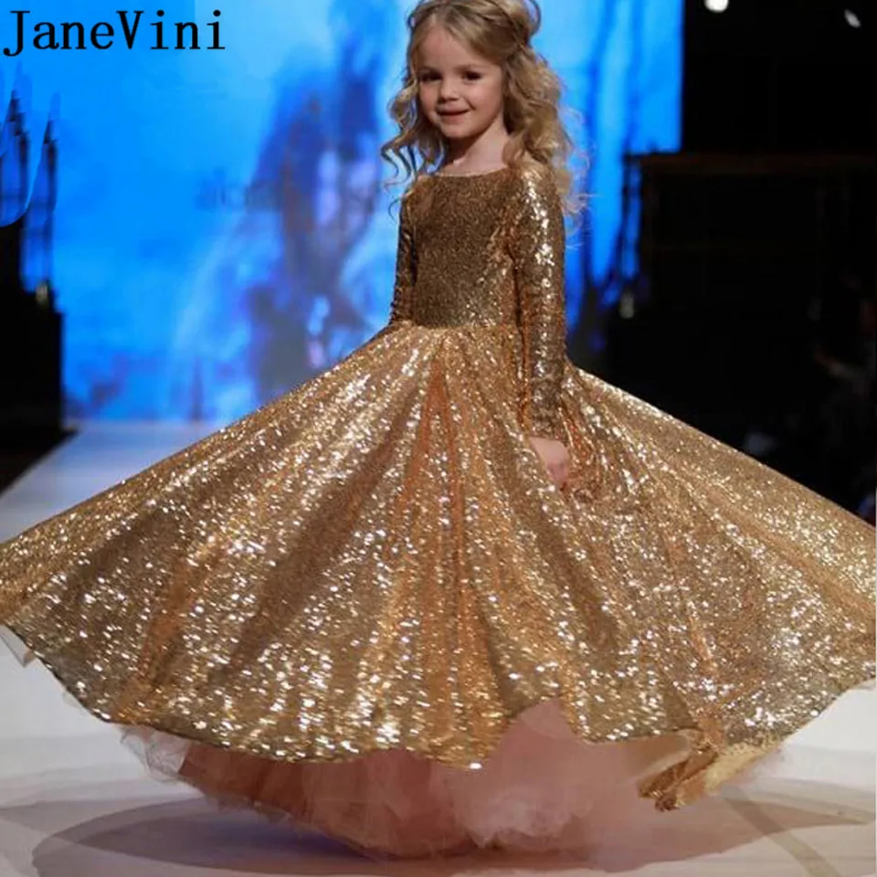 

JaneVini Sparkly Gold Sequins Flower Girl Dresses Arabic Long Sleeve Kids Girls Dresses 2018 Long Birthday Party Gowns Kommunion