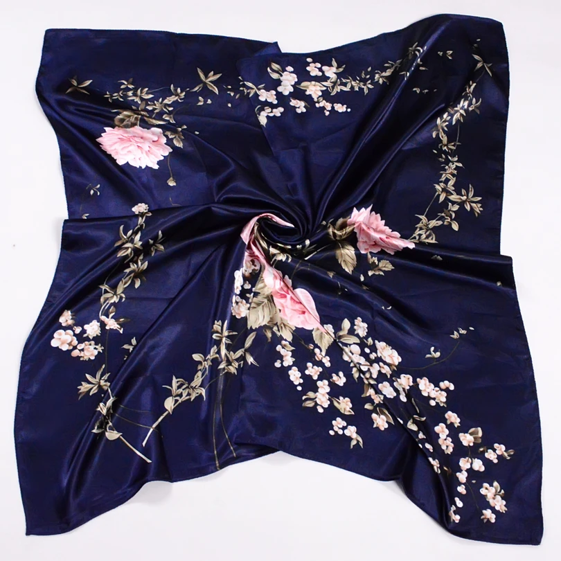 Elegant Navy Blue Silk Scarf with Chinese Rose Design - Large Square Ladies' Fashion Accessory