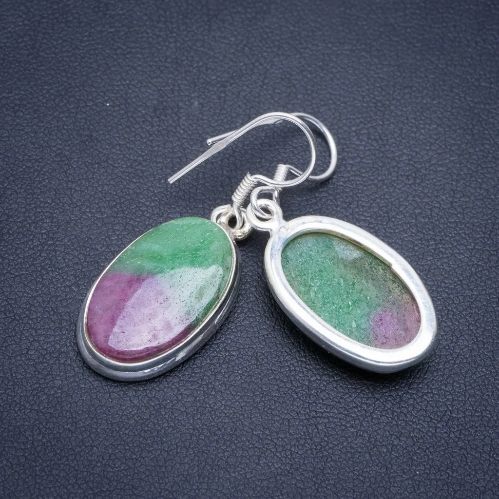 

Natural Ruby Zoisite Handmade Unique 925 Sterling Silver Earrings 1.5" A2097