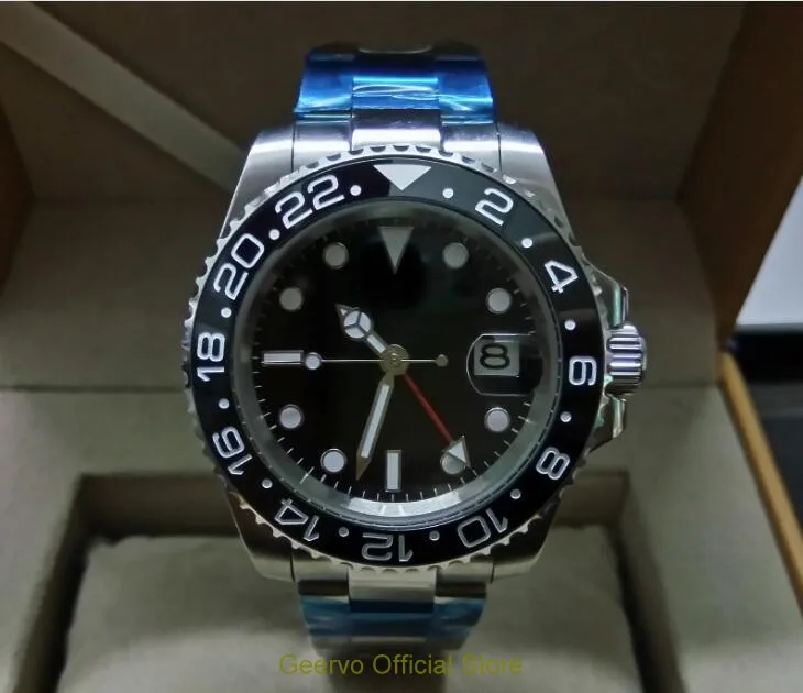 

Sapphire crystal 40mm GEERVO black dial Asian Automatic Self-Wind movement Ceramic bezel GMT luminous men's watch 10