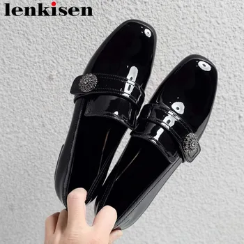 

2019 metal decoration natural leather classic cow patent leather low chunky heels slip on British school vintage woman pumps L76