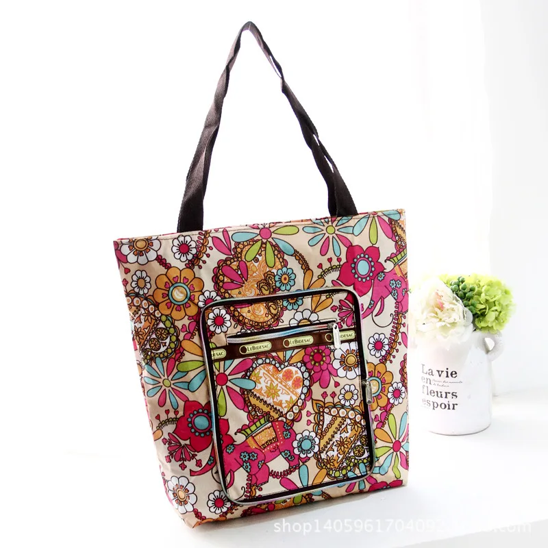 folding women tote bag nylon shoulder handbags printing flower lady