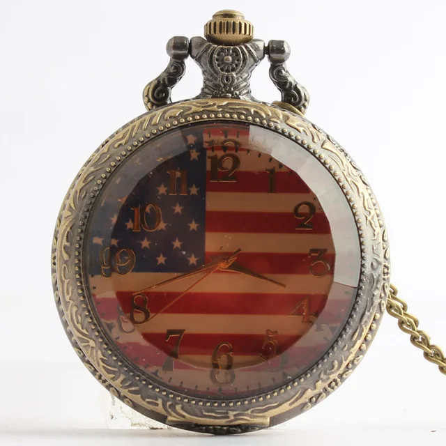 

Classic Fashion American Flag Jewelry Vintage Bronze United States Army Quartz Pocket Watch with Chain for Men Women CF1061