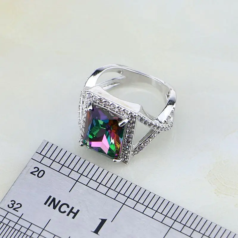 Cena Naturalne kwadratowe Mystic Rainbow ogień biały cyrkon 925 srebrny zestawy biżuterii dla kobiet naszyjnik kolczyki wisiorek pierścień