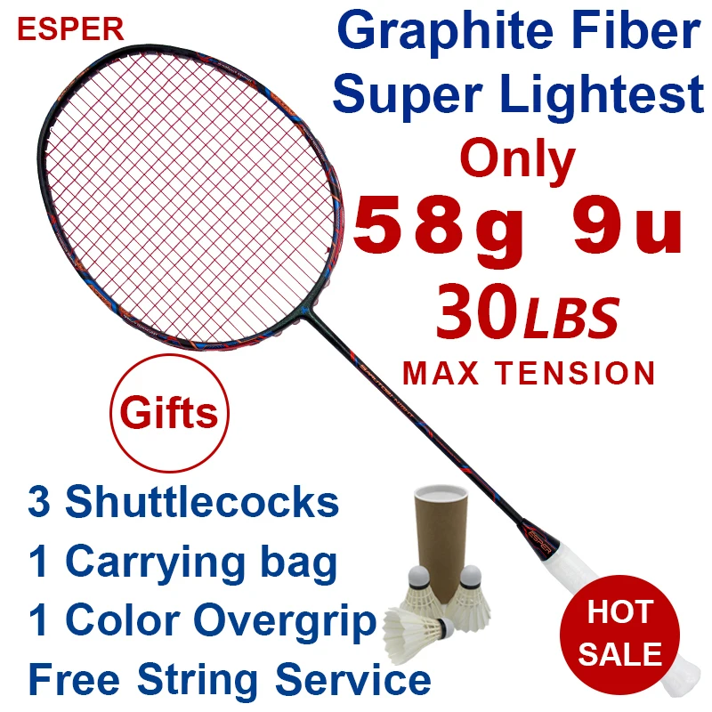 Raquete de Badminton Leve de Fibra de Carbono Raquete com Corda 30lbs para Adulto Esper 58 Gram 9u Profissional Super Grafite