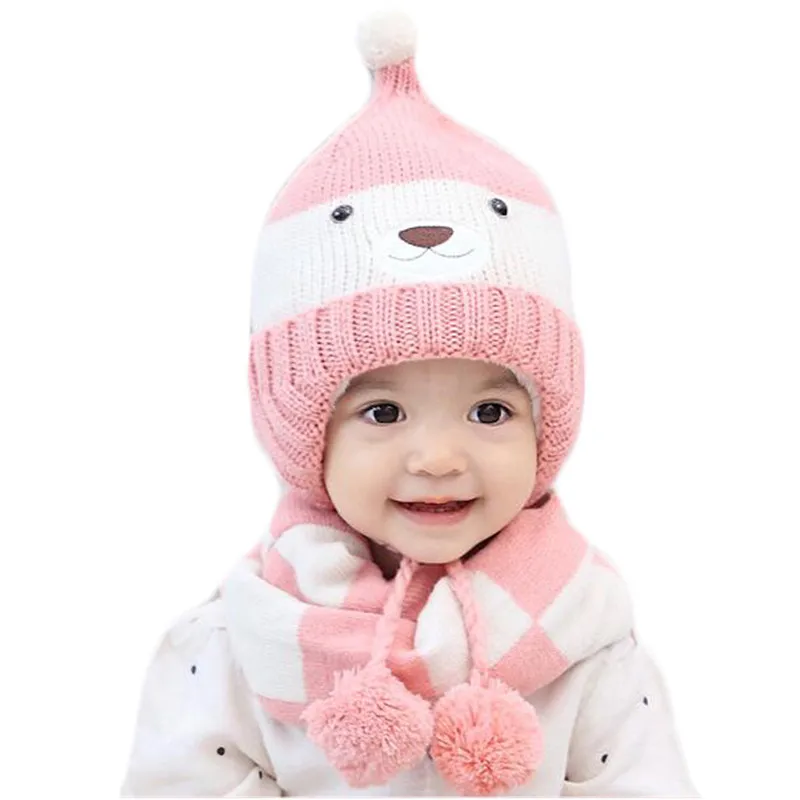 Комплект из 2 предметов, осенне-зимние детские комплекты с капюшоном и воротником в виде медведя, модная кашемировая шапка для мальчиков и девочек, детские вязаные шерстяные шапки