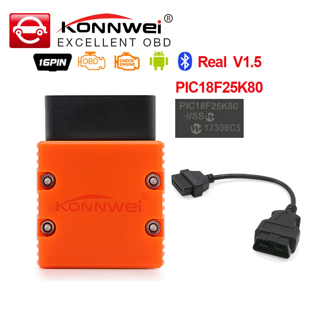 Konnwei ELM327 V1.5 PIC18F25K80 Bluetooth KW902 elm 327 OBD2 сканер работает на Android адаптер ICAR2 OBDII