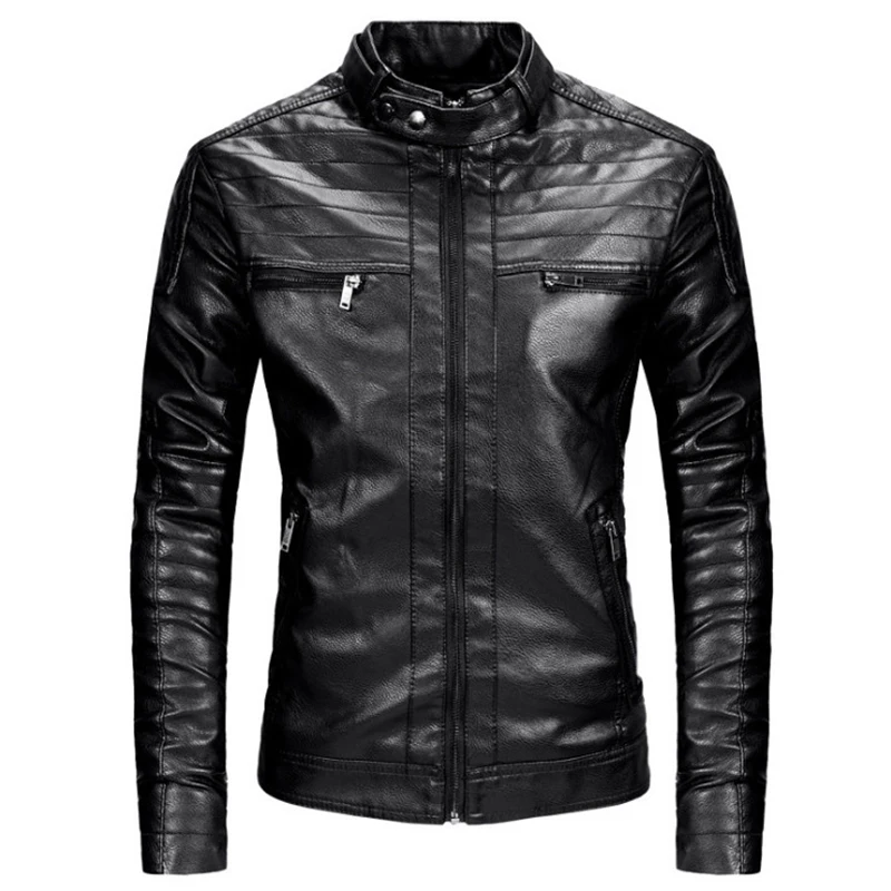Новый Для мужчин Кожаная куртка Модные Черные мотоциклетные кожаная Slim Fit
