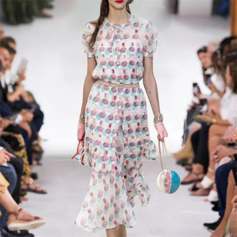 

2019 Summer Women's Two Set Long Blouse +midi Skirt Set Bandage O-neck Print Single Breasted Elegant Shirts Runway Designer