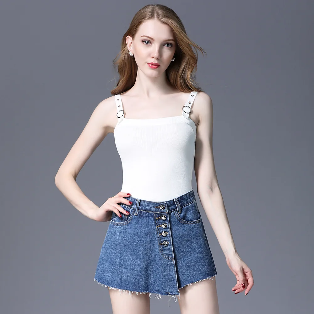 

Brand high-waist wide-leg women's denim shorts with fashionable energetic style Buckle-proof anti-light A-line denim skirt pants