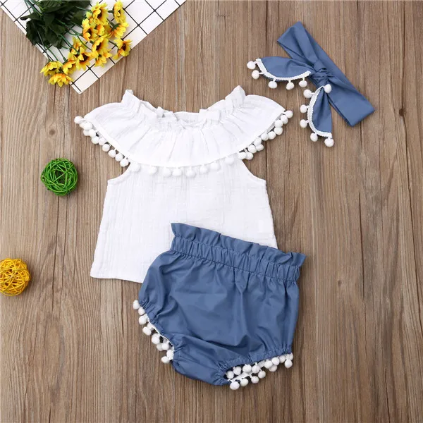 

For Toddler Baby Girls Off Shoulder Top + Pants With Headband 3pcs Outfits Set
