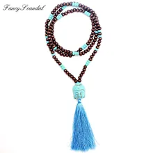 Nouveau design turquoise perle en bois Bouddha pendentif main gland pendentif long collier boho style noué collier femmes bijoux