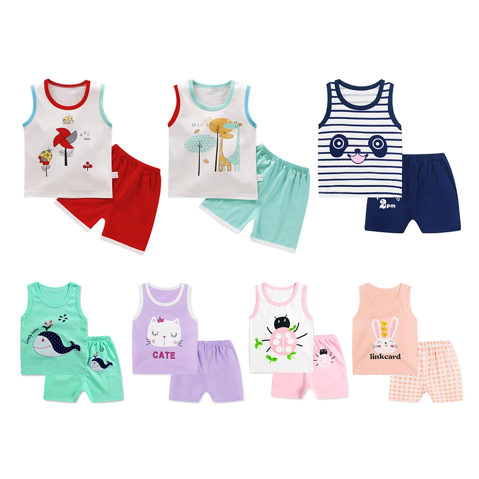 Летние комплекты для малышей хлопковый комплект для малышей, без рукавов, с рисунками животных, топики с принтами + шорты, повседневная