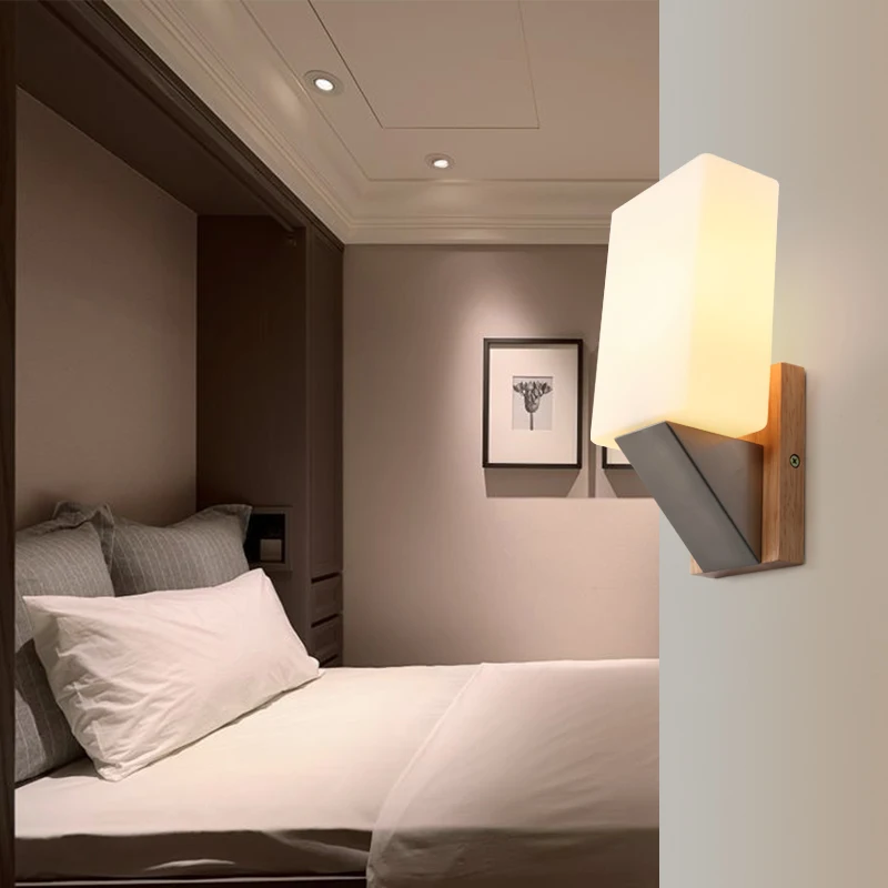 

Modern simple solid wood individuality creative bedroom head hall wall lamp Japanese wood art single head wall lamp