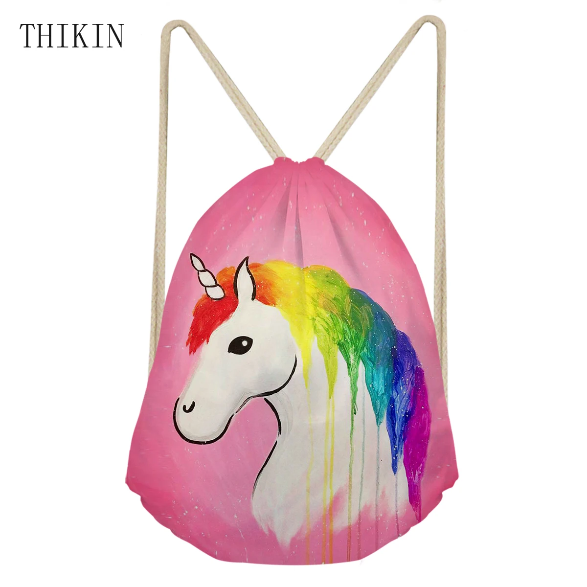 

THIKIN Brand Women Rainbow Horse Unicorn Printing Sports Bag Waterproof Draw-string Swimming Bags Cartooon Backpack Bolsa Praia