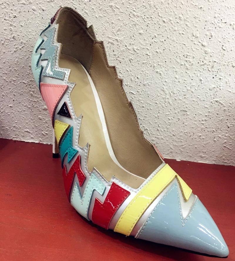 

Sexy Women Sawtooth Multi Leather Patchwork Thin high heels Pumps Ladies Lightning Shiny Leather Pointed toe Single Dress shoes