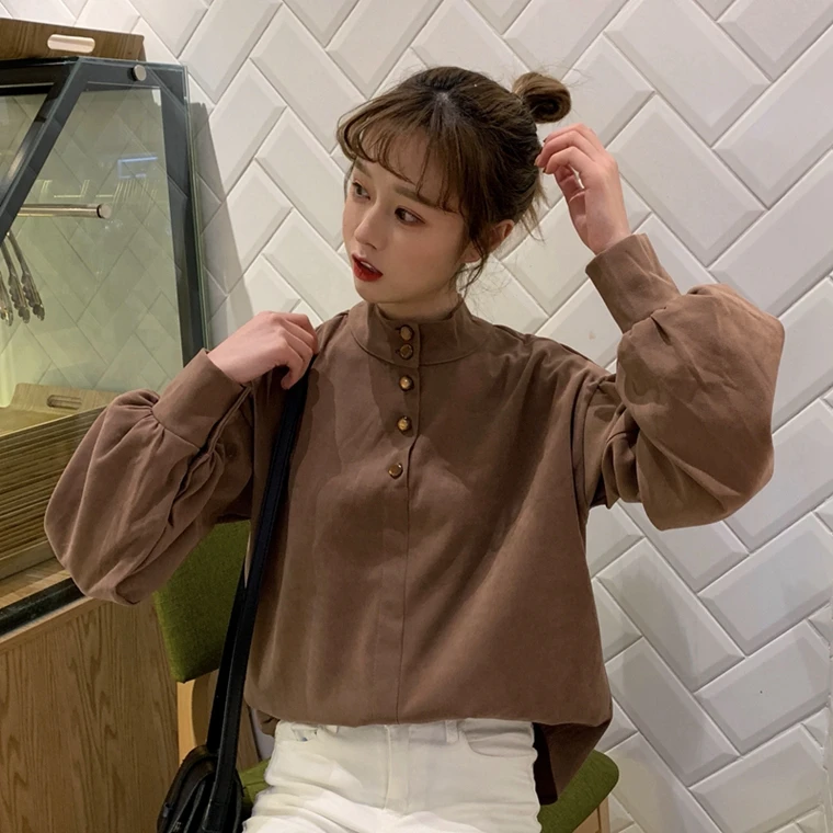  Lychee Girls Button Sweet Blouse Long Puff Sleeve Stand Collar Women Blouse Shirt Spring Autumn Off