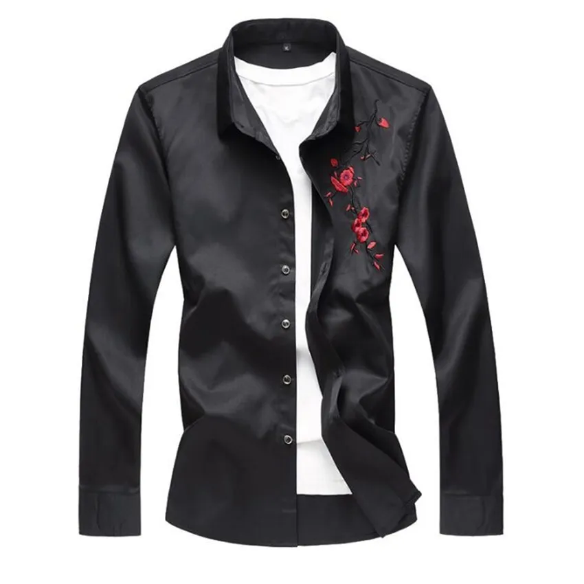 

2018 Fashion Mens Casual Shirt For Men Large Size Collar Shirt Men's Shirt Fashion Men Plum Embroidery Long Sleeve Men's Shirt