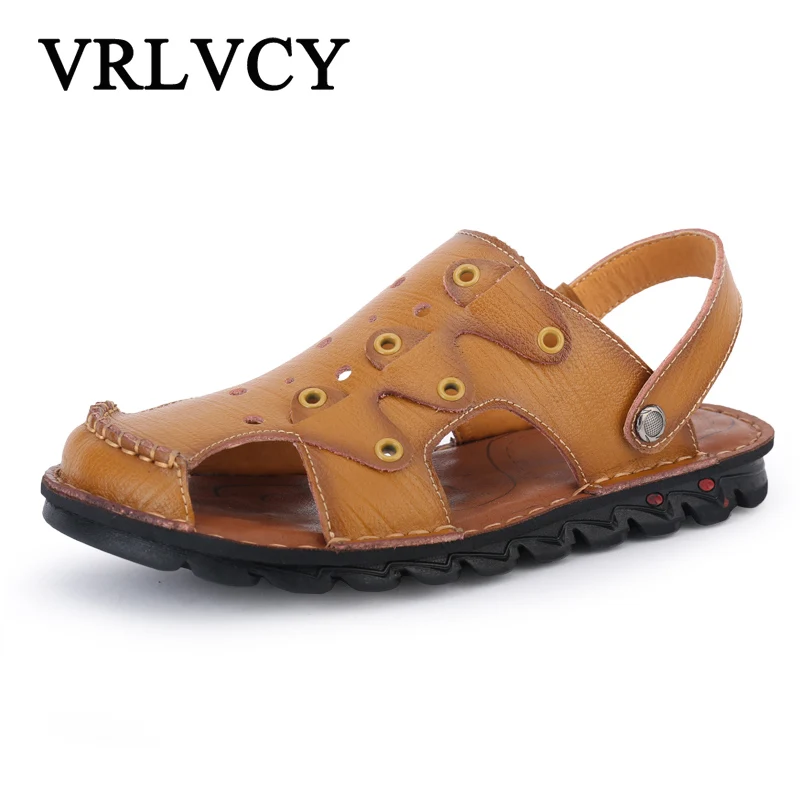 

2018 men's sandals slippers leather casual shoes youth summer beach sandals hollow slippers sandals