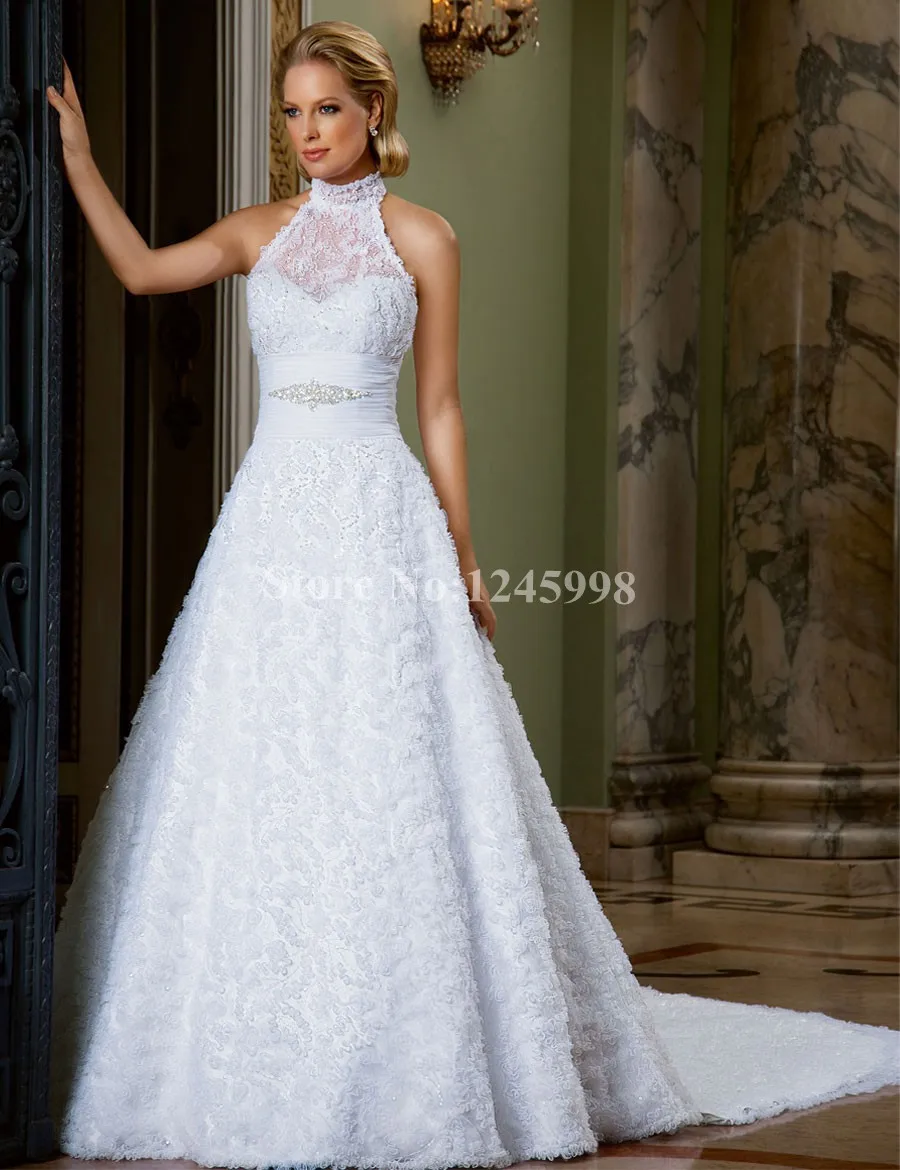 high neck sleeveless lace wedding dress