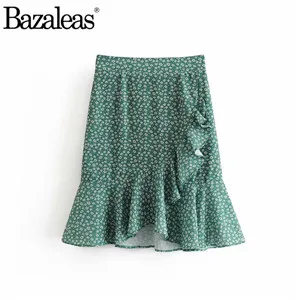 Bazaleas модная женская мини-юбка с оборками Франция зеленая юбка с цветочным принтом женская юбка Повседневная шифоновая тонкая юбка Прямая - Цвет: R13 Green Floret