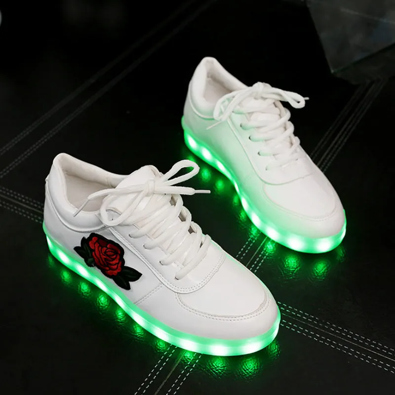 Размер 27-44, USB зарядное устройство, светящиеся кроссовки, светящаяся обувь для мальчиков и девочек, повседневная светодиодная обувь для детей, светодиодный тапочки, светящиеся кроссовки - Цвет: Flower White