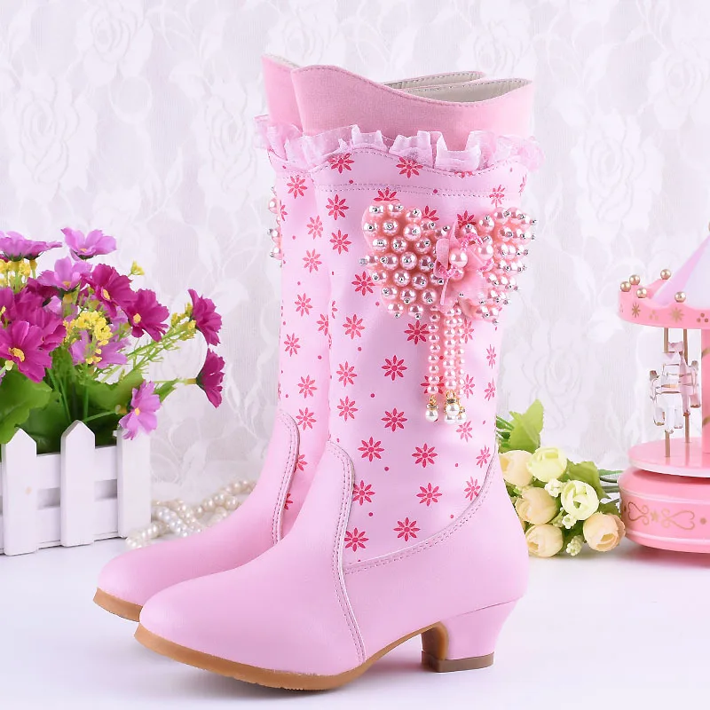 Детские модные ботинки на низком каблуке ботинки до середины икры для принцессы изысканные ботинки с бусинами и цветами для свадебной вечеринки обувь из искусственной кожи розового и фиолетового цвета