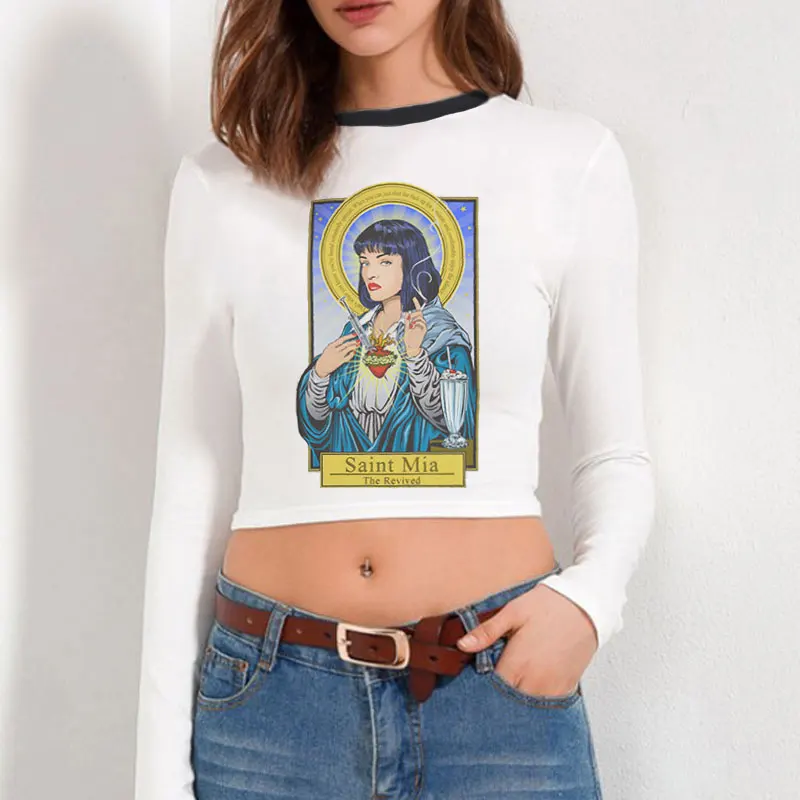 

Summer 2019 Sexy Pulp Fiction Aesthetic Kawaii Clothes Grunge Streetwear Ulzzang Long Sleeve Crop Top Women T Shirt