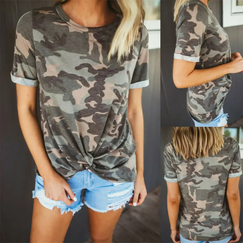

2019 Casual Fashion Women's Camouflage Print Short Sleeve T shirts Tops Summer Front Knot Crew neck Tops T Shirt