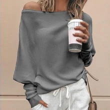 Fashion Women Solid Long Sleeve Pullover Casual Off Shoulder Knit Tops Autumn Plus Size Sweaters asymmetric shoulder solid pullover