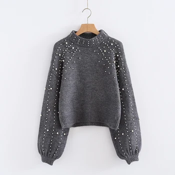 Pearl turtleneck winter knitted sweater female Women lantern sleeve loose gray pullover female Soft warm autumn casual jumper lantern sleeve plain pullover sweater