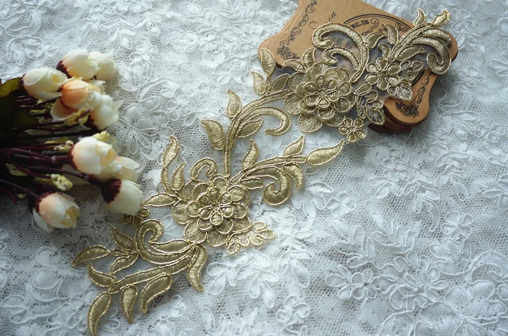 Gold Lace applique , Vintage Rococo Trim Lace Applique, Luxury Bridal