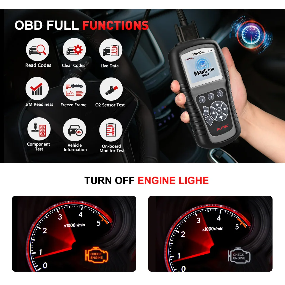 Autel MaxiLink ML619 CAN /OBD2 + ABS/SRS Scanner Turns off Engine Light (MIL) and ABS/SRS Warning Lights better than AL619