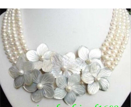 

shipping Jewelry 4row White pearl flower shell Necklace