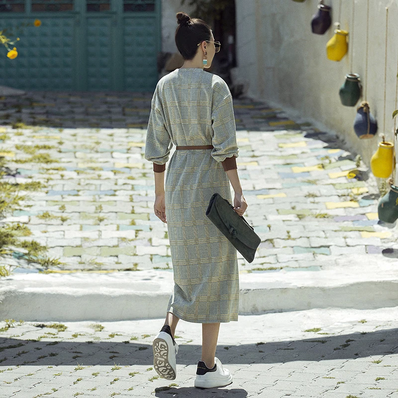 VERRAGEE retro women 2018 new fashion ankle-length plaid England Style long vintage maxi dress