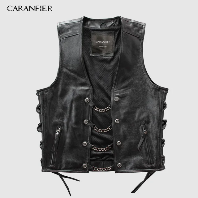 CARANFIER Mens Genuine Leather Rock Vests Metal Chain Biker Vest