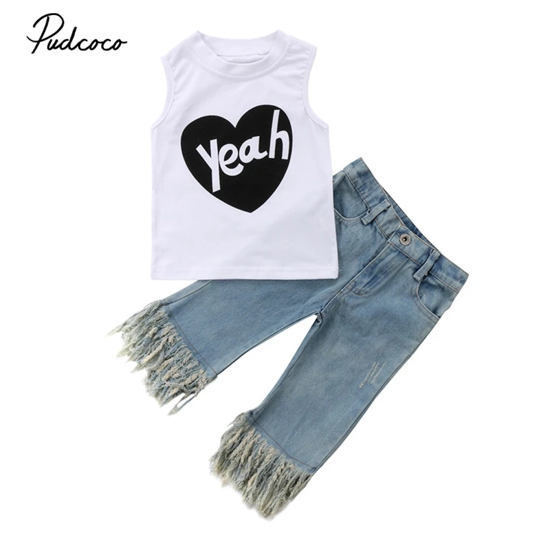 2PCS Toddler Baby Kids Girl Clothes Set Vest Top Jeans Finge Denim
