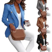 Осень сплошной цвет лацканы с длинным рукавом Бизнес женщин блейзер пальто костюм куртка шик