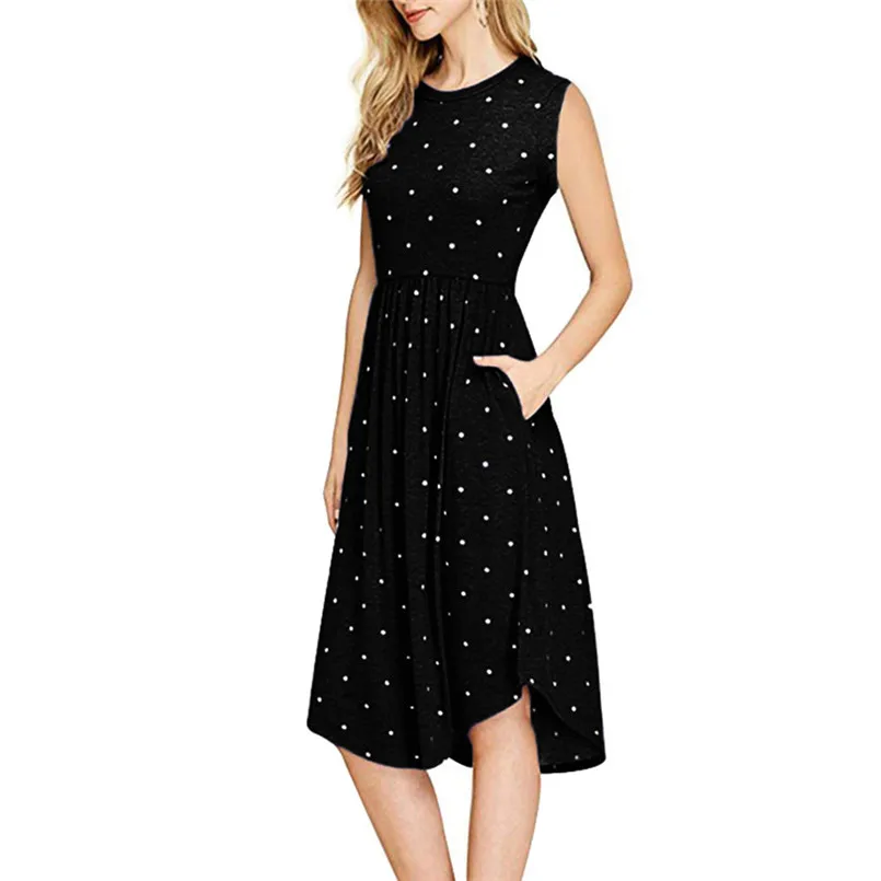  New Women Summer Fashion Pleated Polka Dot Pocket Loose Swing O-Neck Casual Midi Dress Elegant Lady Holiday Daily Dress #4R08 (6)