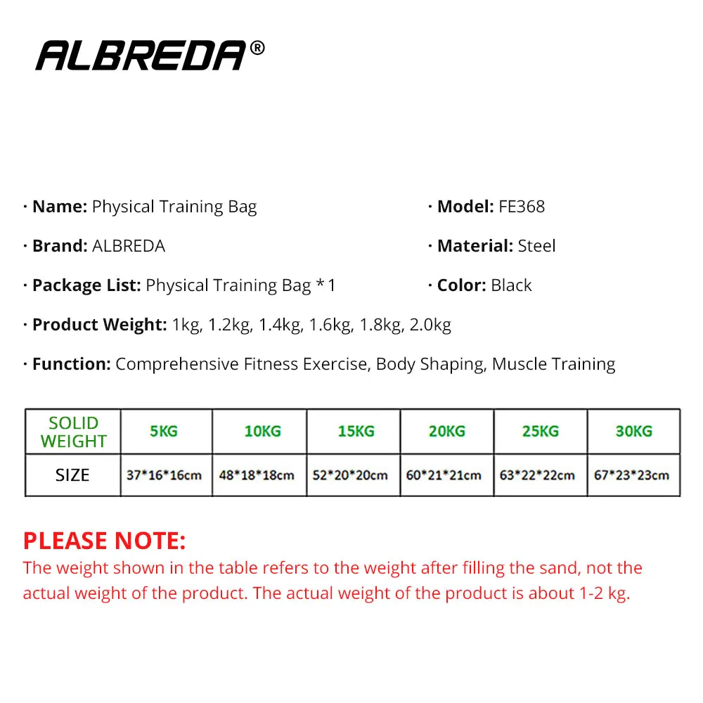ALBREDA Тяжелая атлетика боксерские тренажеры для любителей энергии Комплект для фитнеса Фитнес тренировочный мешок с песком Мощность спальный мешок 5/10/15/20/25/30 кг Незаполненные Мощность сумка