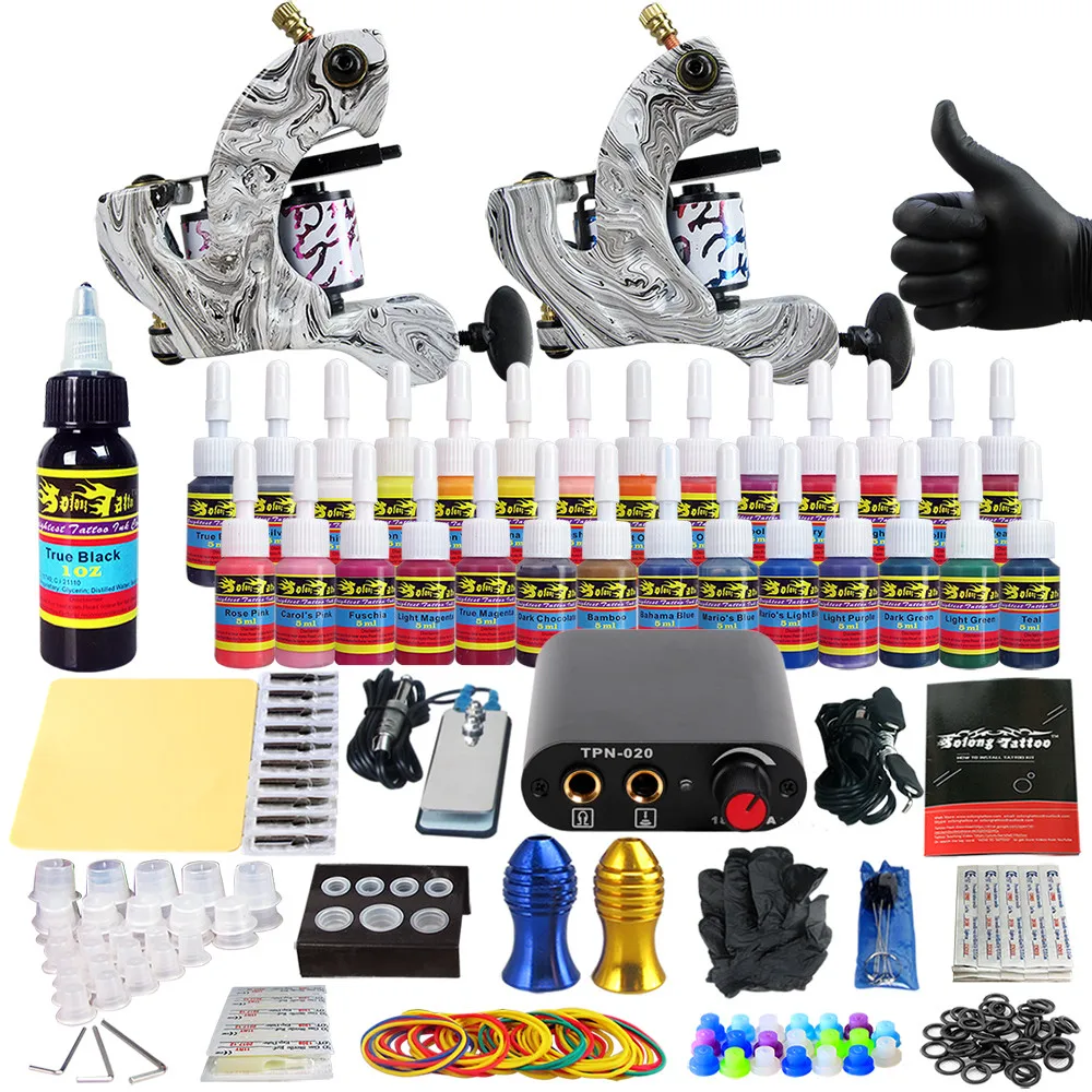 

Solong Tattoo Complete Tattoo Kit for Beginner Starter 2 Pro Machine Guns 28 Inks Power Supply Needle Grips Tips TK204-3