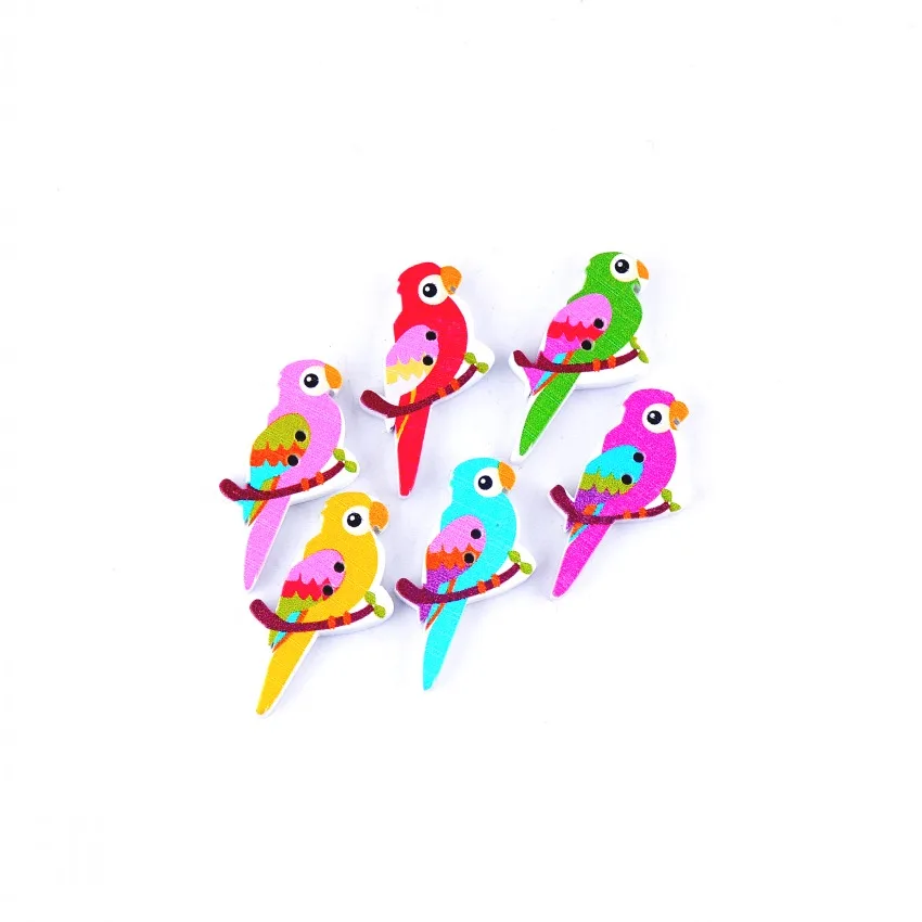 

Free Shipping Retail 10Pcs Random Mixed Lovely Parrot Animals 2 Holes Wood Painting Sewing Buttons Scrapbooking 29x34mm