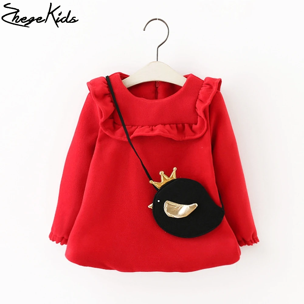 

Solid Girls Dress With Cute Bird Bag Fashion Good Quality Kid's Clothing Outfits Winter Plus Velvet Children Dresses