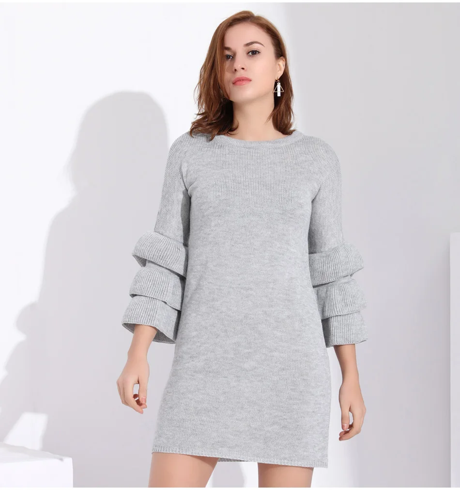 Gareмая 2019 весенний женский пуловер вязанные свитера платье с рукавом с рюшами О-образным вырезом Повседневный длинный женский