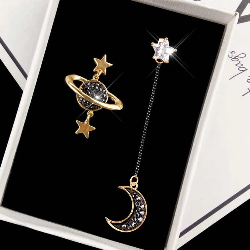 Star Moon Stud Tassel Earrings Universe Pentacle Rhinestone Asymmetrical Woman Boucle D'oreille Jewelry Gift | Украшения и
