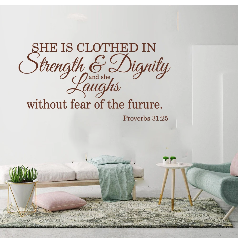 Proverbs 3125 She Is Clothed in Strength and Dignity Wall Sticker Bedroom Bible Verse Quote Wall Decal Girl Room Vinyl Decor (5)