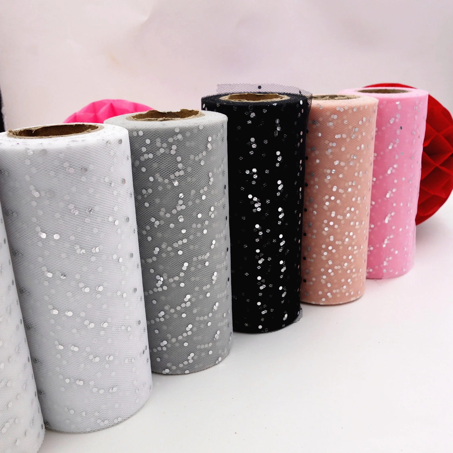 

HOT-6 Inch x 10 Yards Sparkling Sequin Tulle Fabric Rolls Tulle Rolls Polka Dot Tulle for DIY Tutu Skirt Wedding Party Decorat