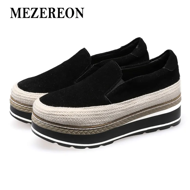 

MEZEREON Women Espadrilles Slip On Creeper Shoes Woman Genuine Suede Leather Women Flats Fashion Footwear Women Platform Shoes