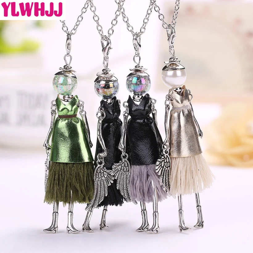

YLWHJJ new cute black leather doll tassel long necklaces for women brand girls pendant alloy maxi fashion jewelry Collier femme